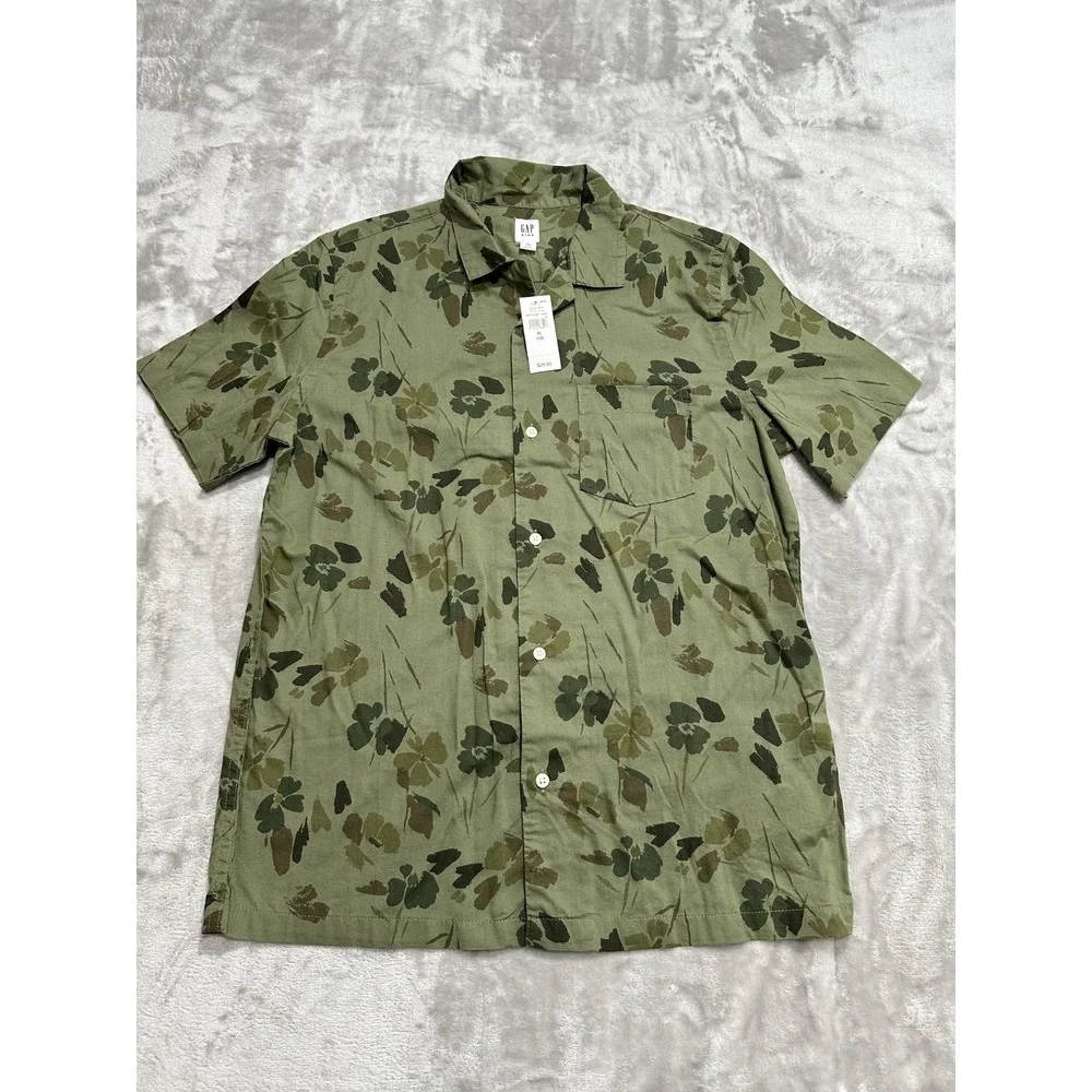 Gap Kids Shirt Boys 12 XL Green Botanical Floral Leaf‎ Print Cotton Short Sleeve